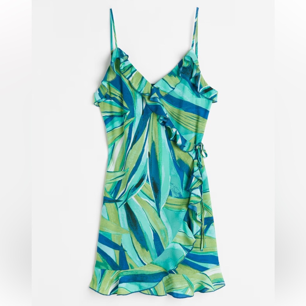 H&M FLOUNCE-TRIMMED WRAP DRESS Turquoise Green Tropical Vacation XL Chiffon